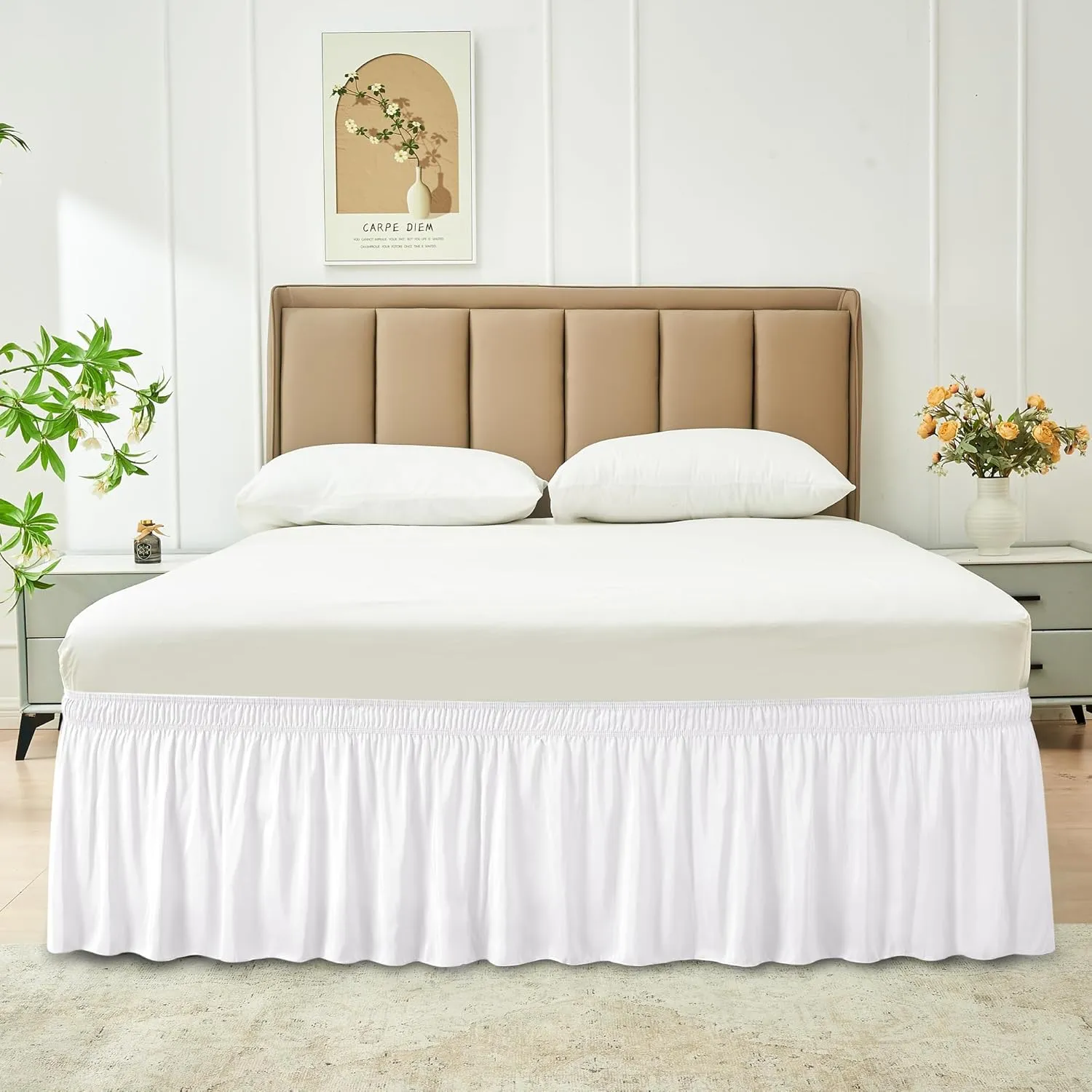 Biscaynebay Wrap Around Bed Skirts for Queen Size Beds with Extra Long Drop of 21", White Adjustable Elastic Dust Ruffles Easy Fit Wrinkle Resistant Silky Luxurious Fabric Machine Washable