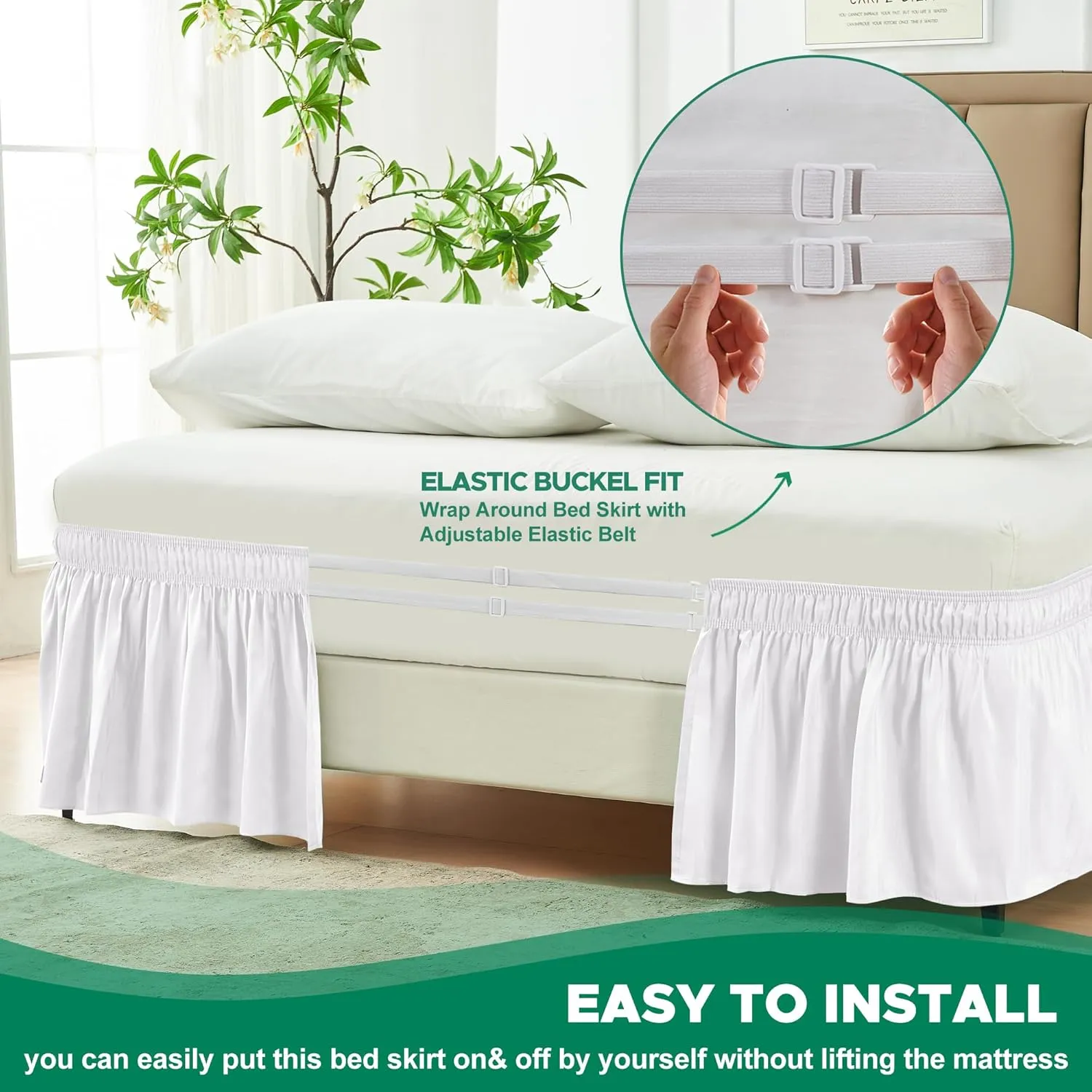 Biscaynebay Wrap Around Bed Skirts for Queen Size Beds with Extra Long Drop of 21", White Adjustable Elastic Dust Ruffles Easy Fit Wrinkle Resistant Silky Luxurious Fabric Machine Washable