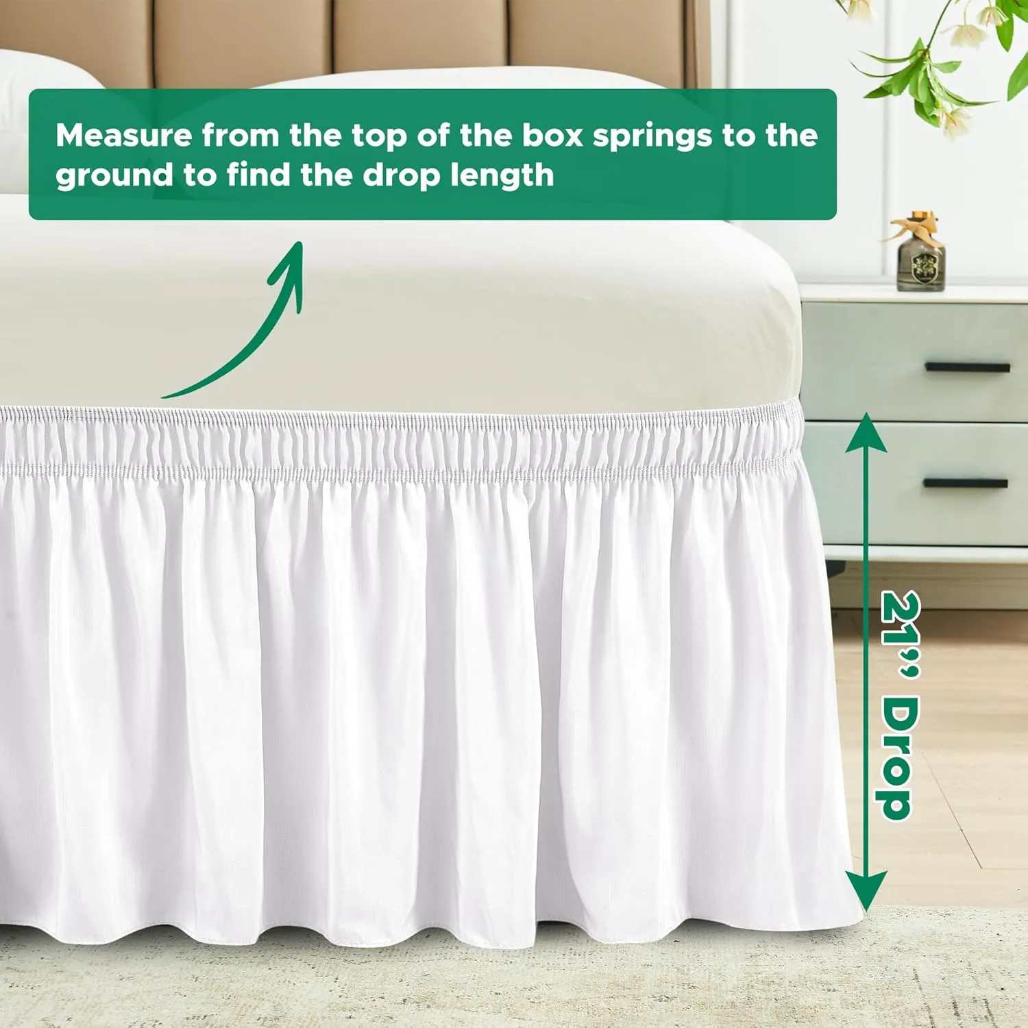 Biscaynebay Wrap Around Bed Skirts for Queen Size Beds with Extra Long Drop of 21", White Adjustable Elastic Dust Ruffles Easy Fit Wrinkle Resistant Silky Luxurious Fabric Machine Washable