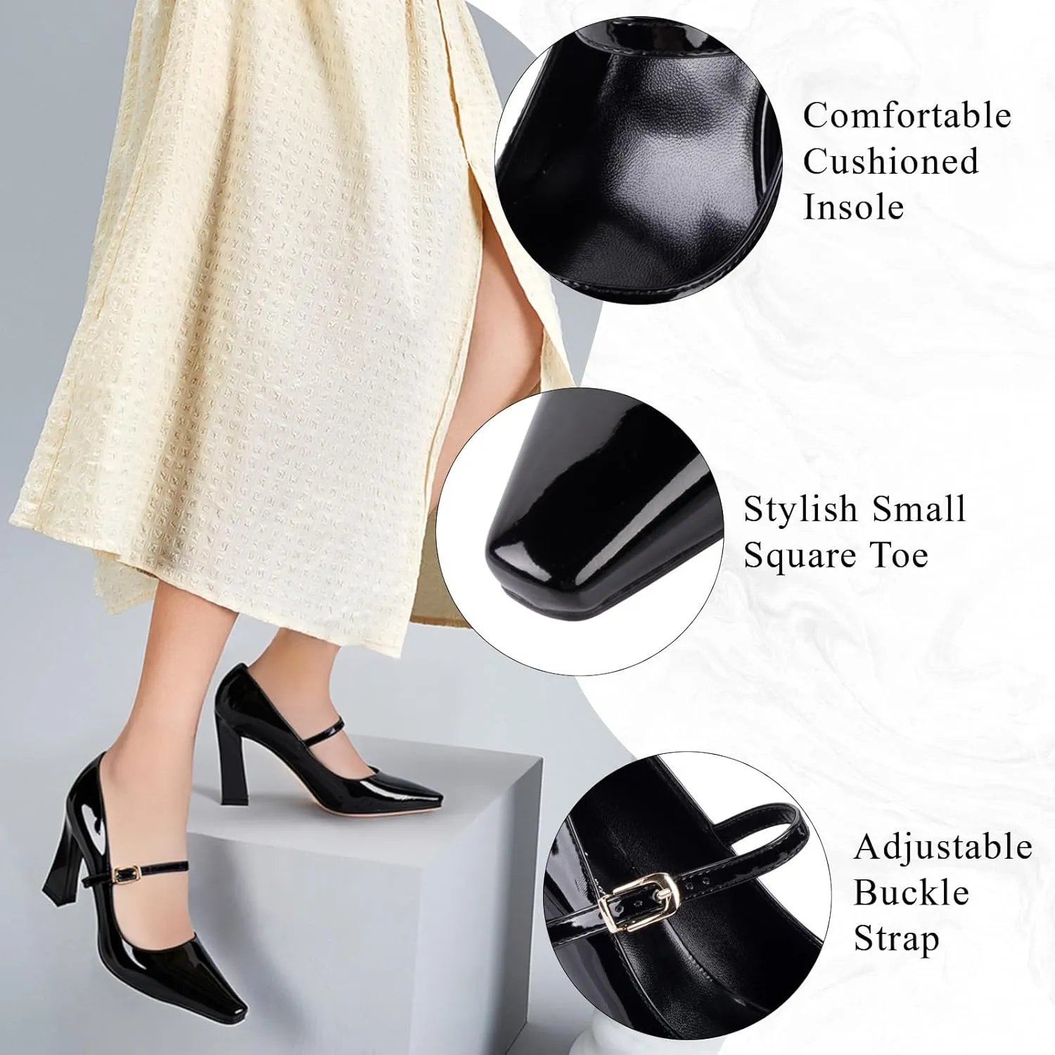 Black Mary Jane Heels for Women Stylish Square Toe Dress Shoes with Strap High Block Heel Comfortable Women's Pumps for Business Wedding Graduation