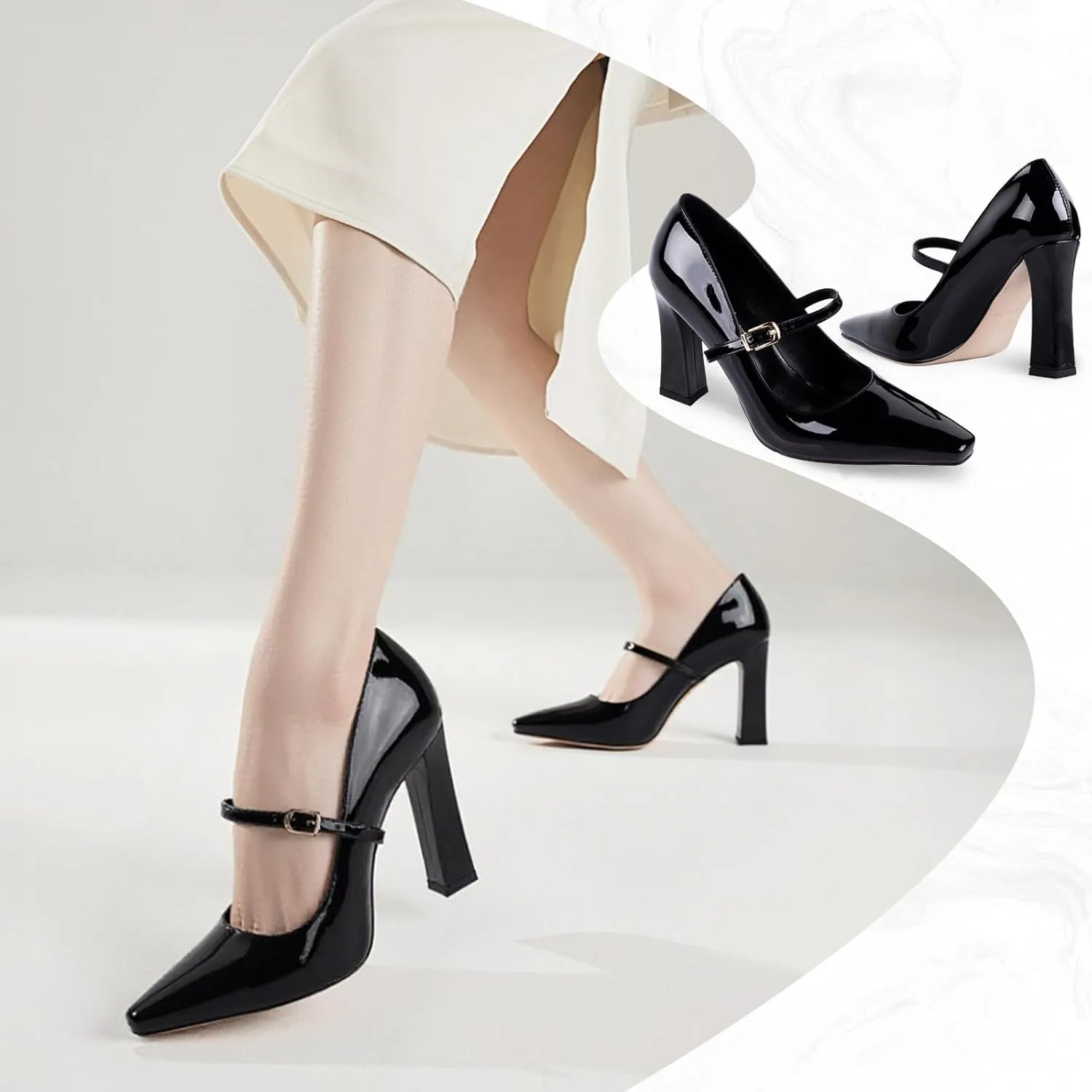Black Mary Jane Heels for Women Stylish Square Toe Dress Shoes with Strap High Block Heel Comfortable Women's Pumps for Business Wedding Graduation
