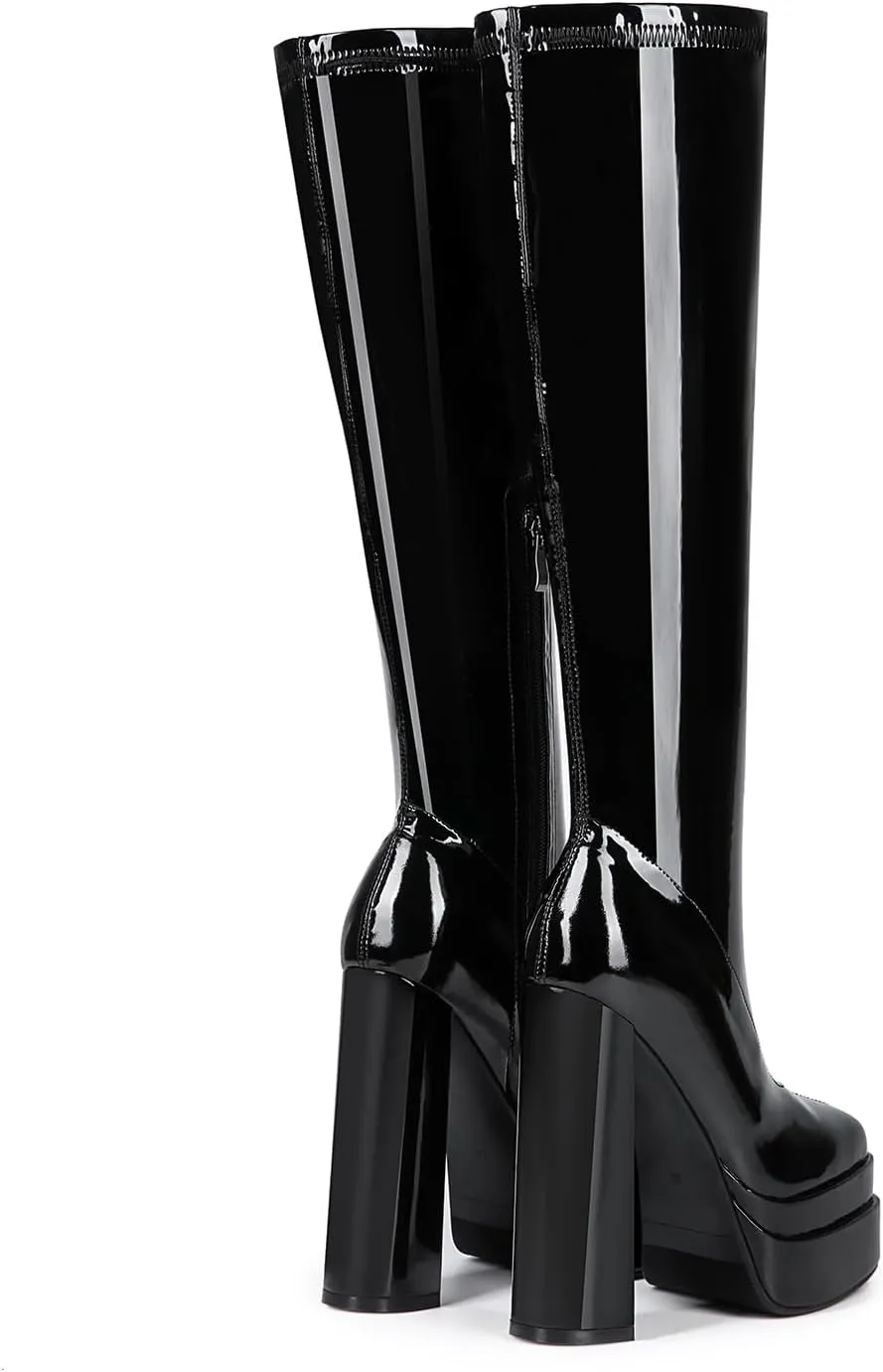 Black Stretch Patent Leather Platform Chunky Heel Square Toe Knee High Boots For Women Girls School Party