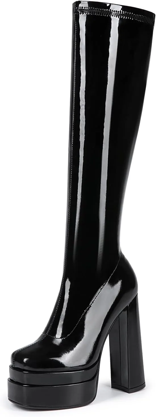 Black Stretch Patent Leather Platform Chunky Heel Square Toe Knee High Boots For Women Girls School Party