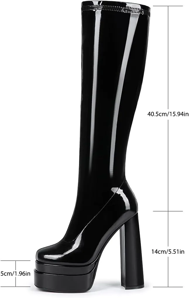 Black Stretch Patent Leather Platform Chunky Heel Square Toe Knee High Boots For Women Girls School Party