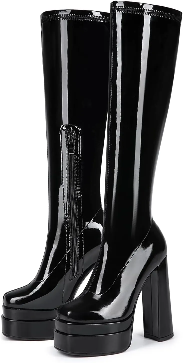 Black Stretch Patent Leather Platform Chunky Heel Square Toe Knee High Boots For Women Girls School Party