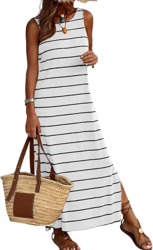 BLENCOT Womens 2025 Spring Summer V Neck Striped Dress Sleeveless String Side Slit Casual Maxi Beach Dress
