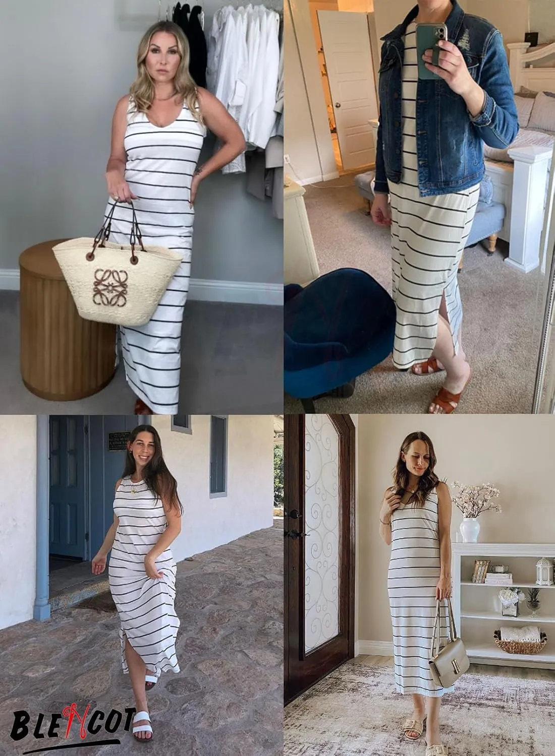 BLENCOT Womens 2025 Spring Summer V Neck Striped Dress Sleeveless String Side Slit Casual Maxi Beach Dress