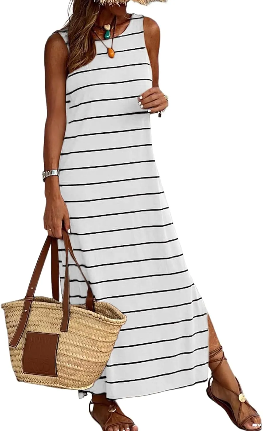 BLENCOT Womens 2025 Spring Summer V Neck Striped Dress Sleeveless String Side Slit Casual Maxi Beach Dress