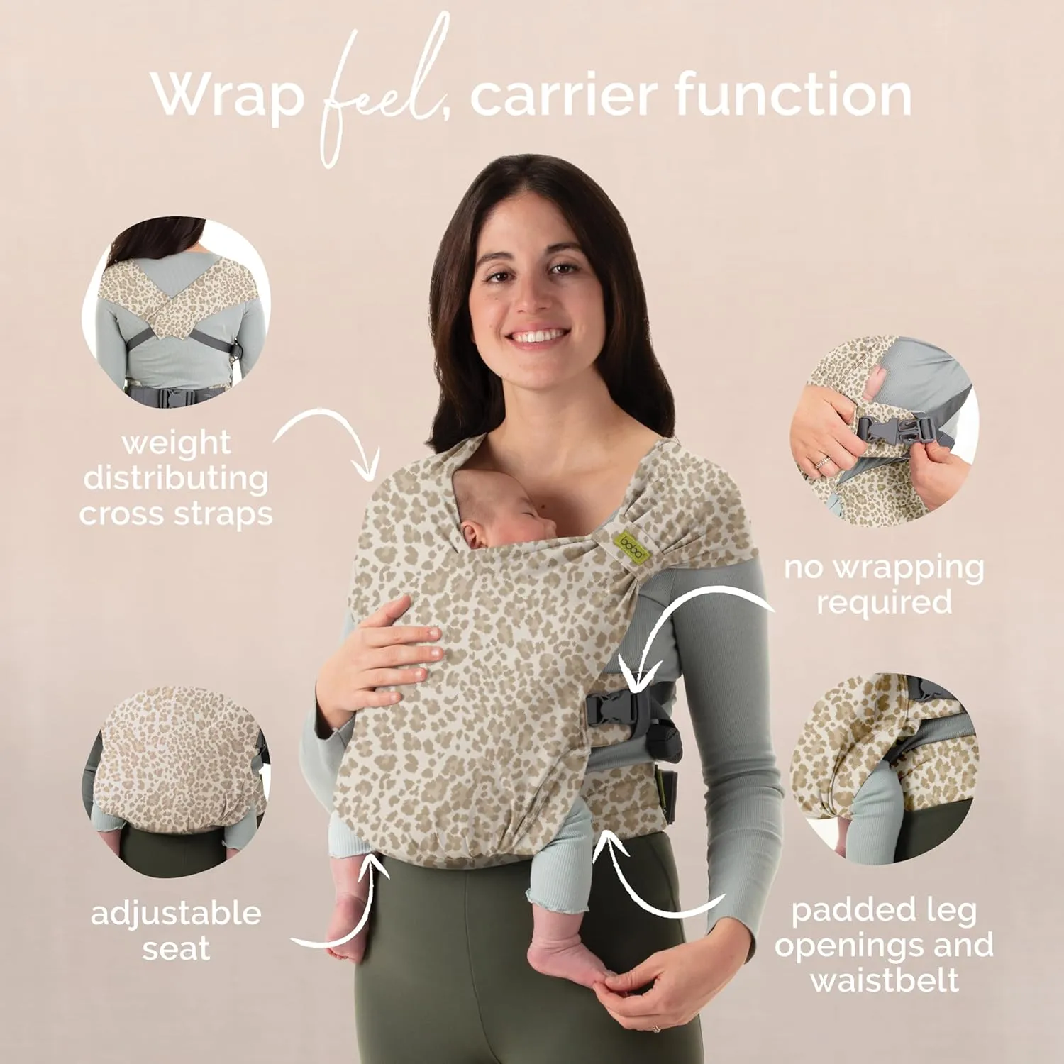 Boba Bliss Pre-Wrapped Baby Wrap Carrier with Buckle, Easy Adjust Soft Infant Baby Carrier Hybrid for Boy or Girls, Baby Sling for Newborn up to 35 lbs (Sand Leopard)