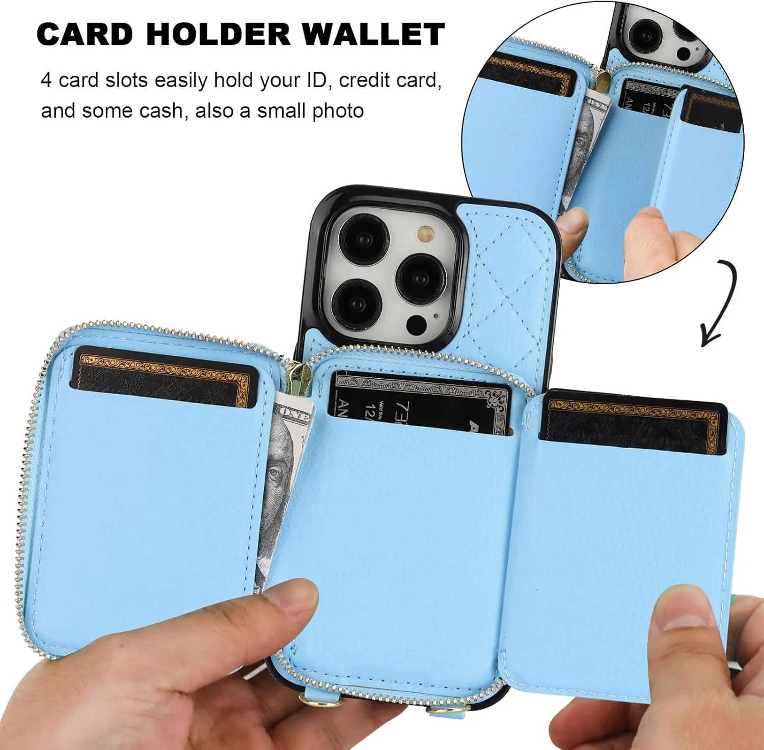 Bocasal Crossbody Wallet Case for iPhone 14 Pro, RFID Blocking PU Leather Zipper Handbag Purse Flip Cover, Kickstand Folio Case with Card Slots Holder Wrist Strap Lanyard 5G 6.1 Inch (Blue)