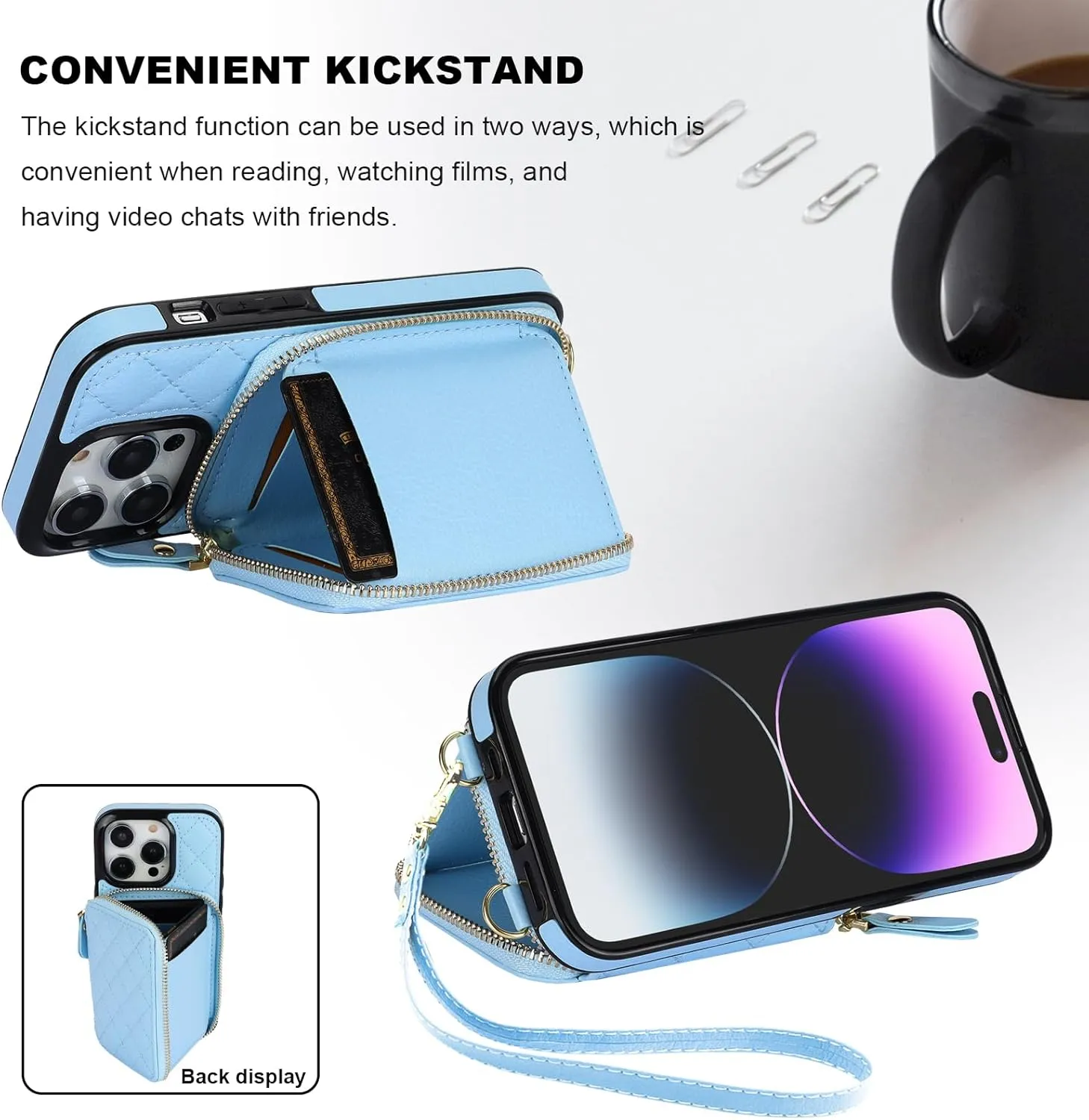 Bocasal Crossbody Wallet Case for iPhone 14 Pro, RFID Blocking PU Leather Zipper Handbag Purse Flip Cover, Kickstand Folio Case with Card Slots Holder Wrist Strap Lanyard 5G 6.1 Inch (Blue)