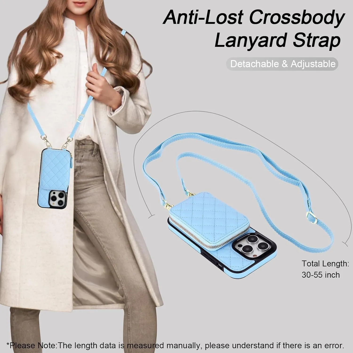 Bocasal Crossbody Wallet Case for iPhone 14 Pro, RFID Blocking PU Leather Zipper Handbag Purse Flip Cover, Kickstand Folio Case with Card Slots Holder Wrist Strap Lanyard 5G 6.1 Inch (Blue)
