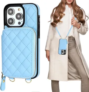 Bocasal Crossbody Wallet Case for iPhone 14 Pro, RFID Blocking PU Leather Zipper Handbag Purse Flip Cover, Kickstand Folio Case with Card Slots Holder Wrist Strap Lanyard 5G 6.1 Inch (Blue)