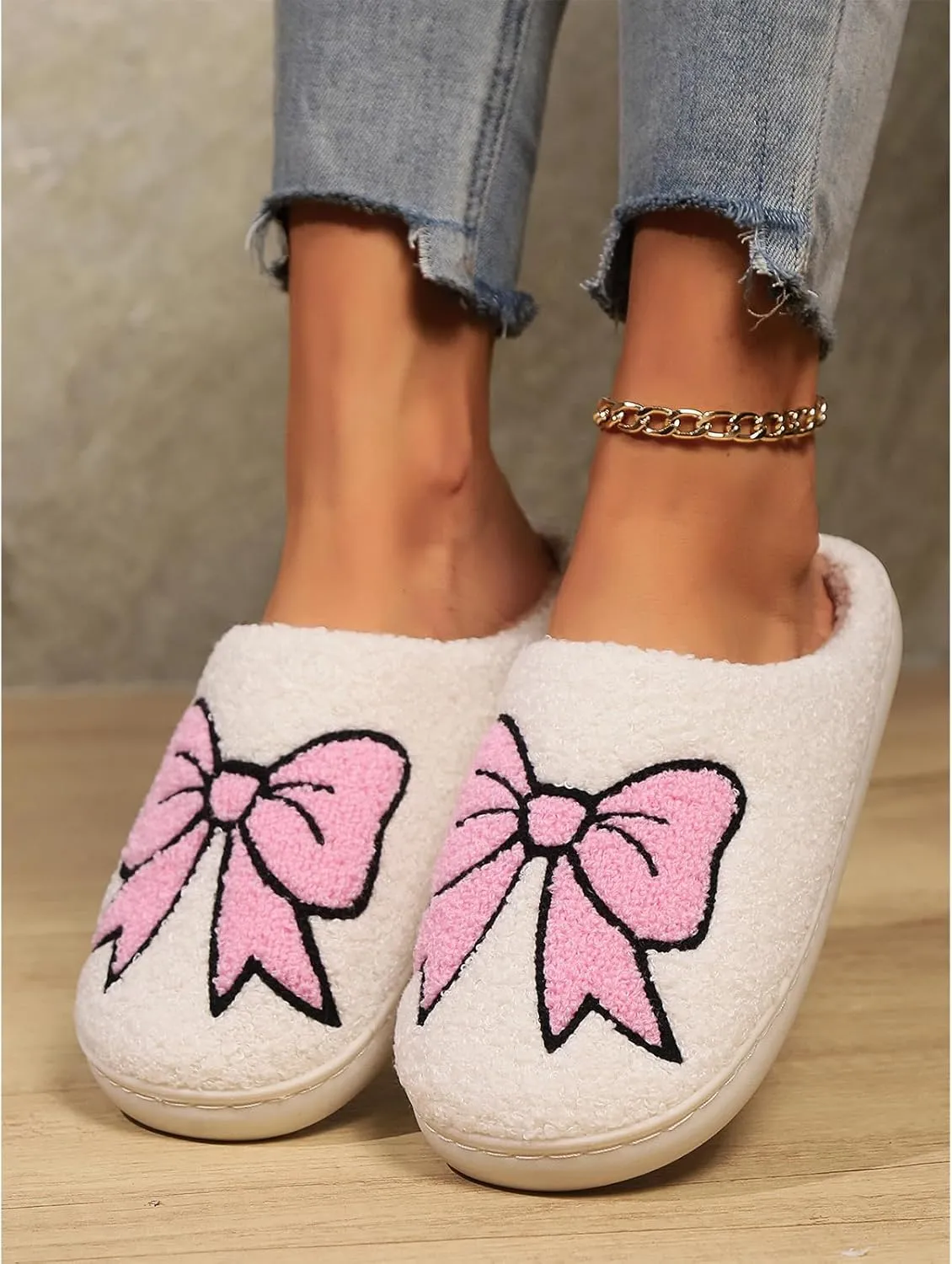 Bow Slippers, Womens Plush Fluffy Winter Warm Fur Lined slippers, Slip On House Slippers