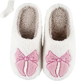 Bow Slippers, Womens Plush Fluffy Winter Warm Fur Lined slippers, Slip On House Slippers