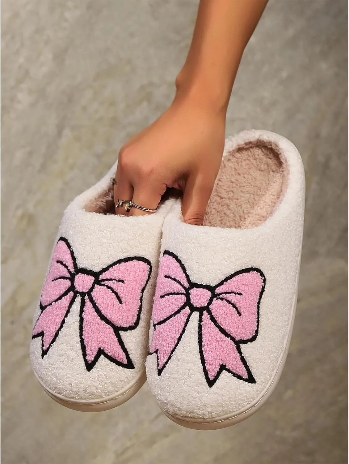 Bow Slippers, Womens Plush Fluffy Winter Warm Fur Lined slippers, Slip On House Slippers
