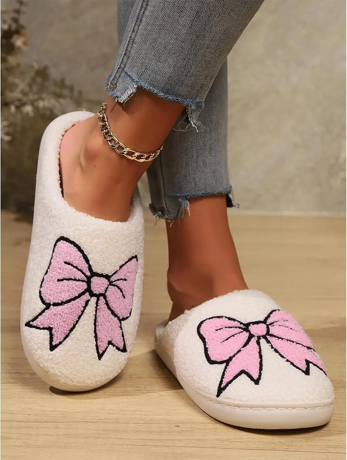 Bow Slippers, Womens Plush Fluffy Winter Warm Fur Lined slippers, Slip On House Slippers