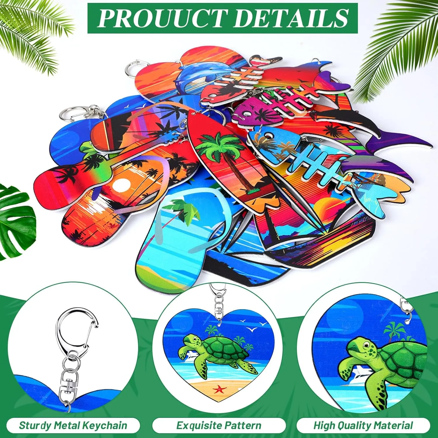Bucherry 36 Pcs Beach Summer Party Favors Keychain Gifts Bulk Wooden Surfboard Sea Turtle Coconut Tree Christian Religious Key Ring for Hawaiian Luau Florida Bahamas Souvenirs Supplies(Retro Ocean)