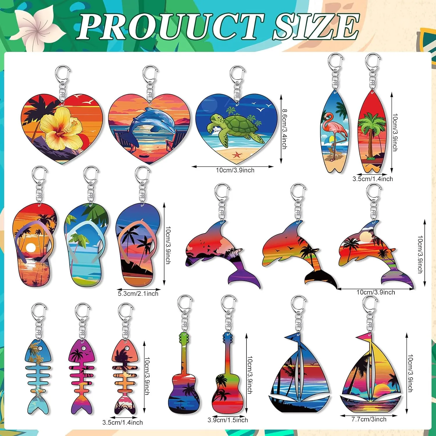 Bucherry 36 Pcs Beach Summer Party Favors Keychain Gifts Bulk Wooden Surfboard Sea Turtle Coconut Tree Christian Religious Key Ring for Hawaiian Luau Florida Bahamas Souvenirs Supplies(Retro Ocean)