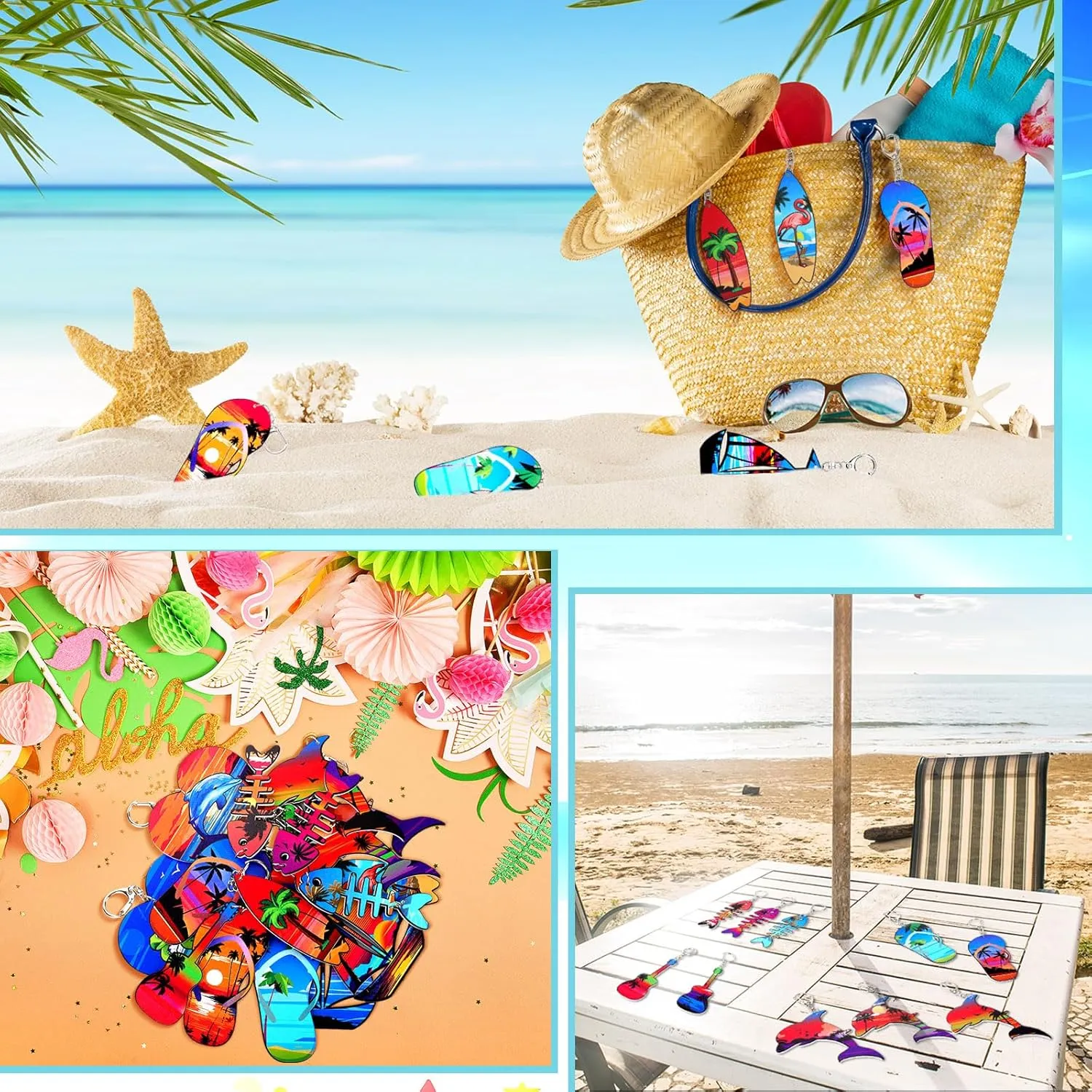 Bucherry 36 Pcs Beach Summer Party Favors Keychain Gifts Bulk Wooden Surfboard Sea Turtle Coconut Tree Christian Religious Key Ring for Hawaiian Luau Florida Bahamas Souvenirs Supplies(Retro Ocean)