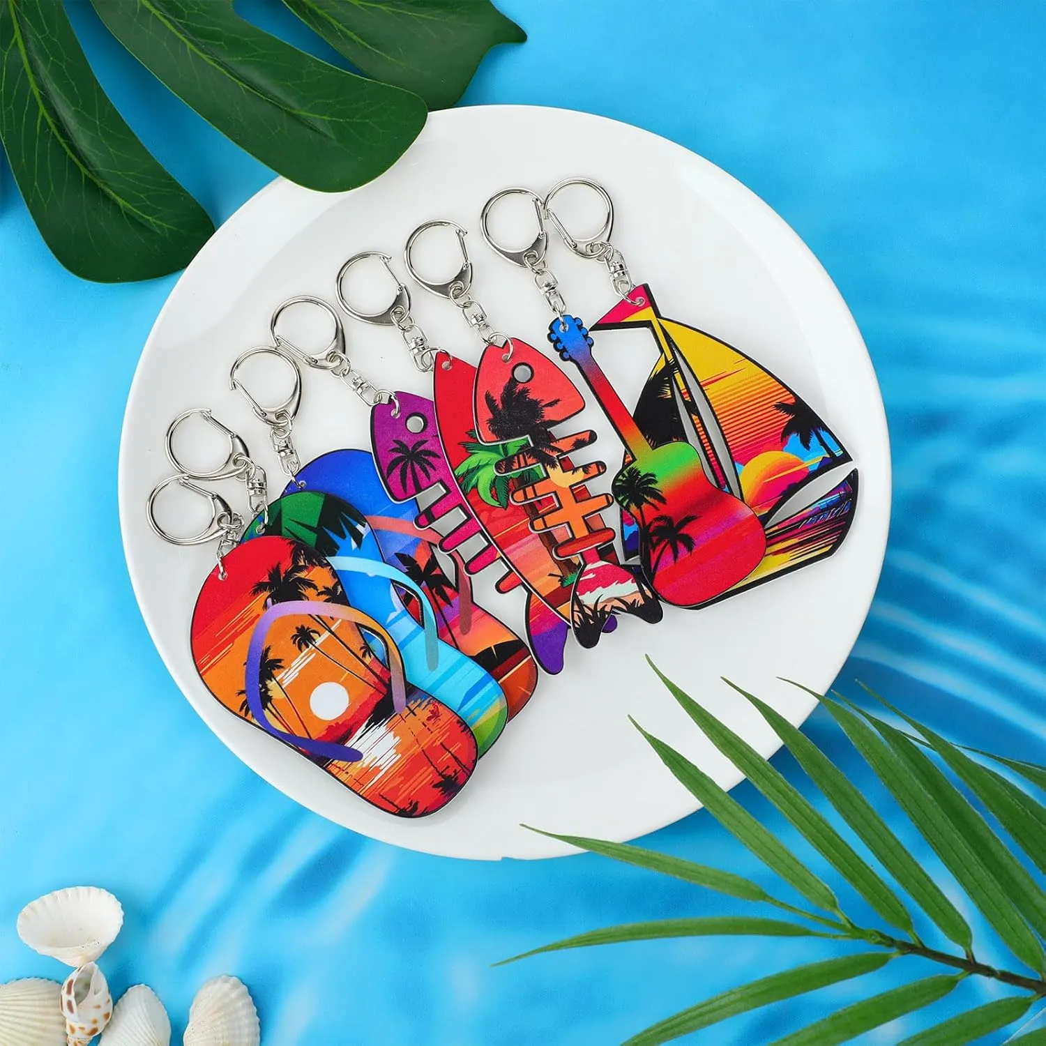 Bucherry 36 Pcs Beach Summer Party Favors Keychain Gifts Bulk Wooden Surfboard Sea Turtle Coconut Tree Christian Religious Key Ring for Hawaiian Luau Florida Bahamas Souvenirs Supplies(Retro Ocean)
