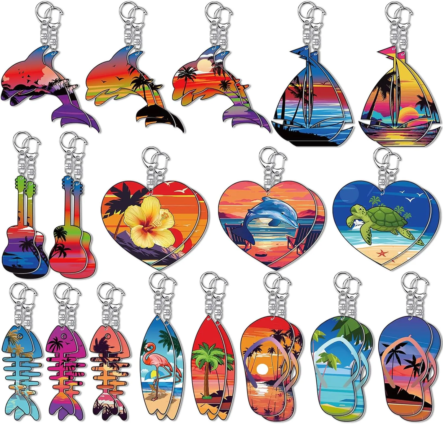 Bucherry 36 Pcs Beach Summer Party Favors Keychain Gifts Bulk Wooden Surfboard Sea Turtle Coconut Tree Christian Religious Key Ring for Hawaiian Luau Florida Bahamas Souvenirs Supplies(Retro Ocean)