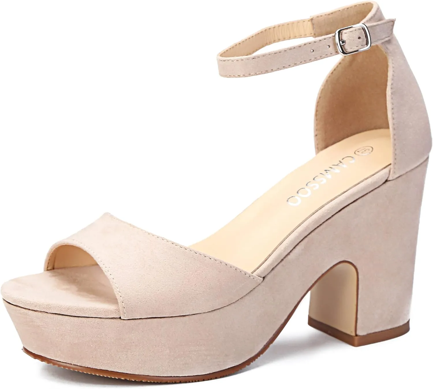 CAMSSOO Women's Platforms Wedges Sandals Suede Open toe Ankle Strap Fashion Wedding Sexy Dress Block Chunky High Heels Pumps Shoes