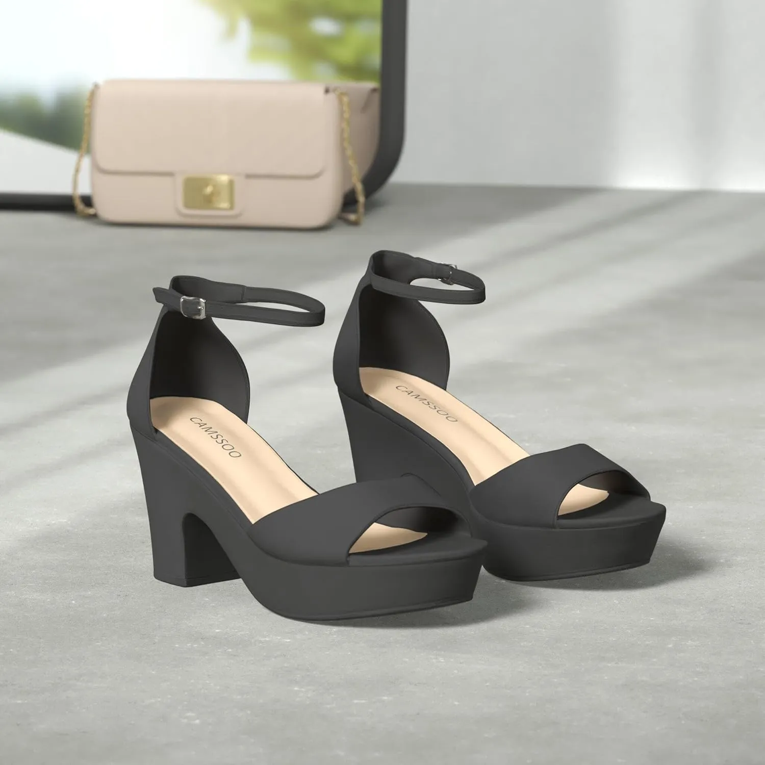 CAMSSOO Women's Platforms Wedges Sandals Suede Open toe Ankle Strap Fashion Wedding Sexy Dress Block Chunky High Heels Pumps Shoes