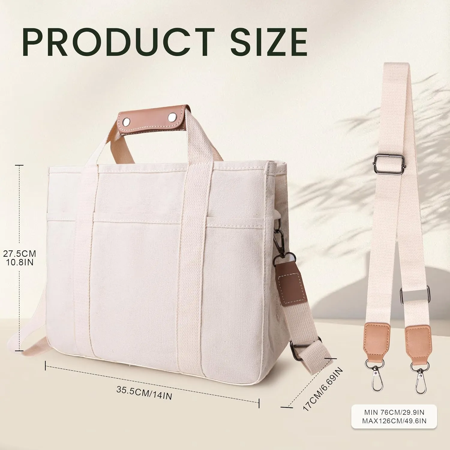 Canvas Tote Bag with Multi Pocket Crossbody Bag for Women Tote Bag with Adjustable Shoulder Strap Handbag (No zipper)