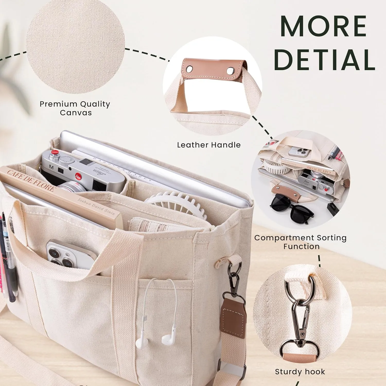 Canvas Tote Bag with Multi Pocket Crossbody Bag for Women Tote Bag with Adjustable Shoulder Strap Handbag (No zipper)