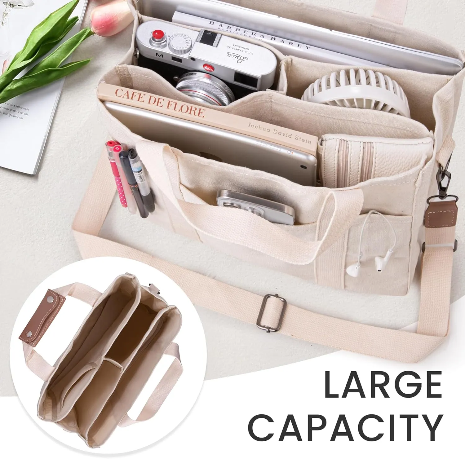 Canvas Tote Bag with Multi Pocket Crossbody Bag for Women Tote Bag with Adjustable Shoulder Strap Handbag (No zipper)