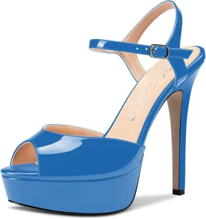 Castamere Women Stiletto High Platform Heel Peep Open Toe Sandals Ankle Strap Slingback Buckle Pumps Wedding Party Dress Shoes 5 Inches Heels
