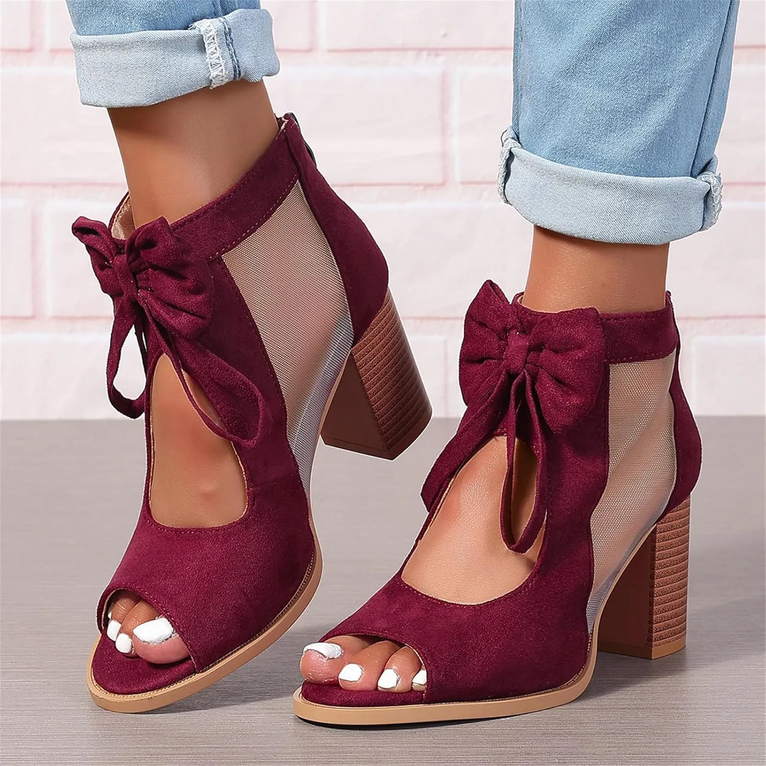 Chunky Heels for Women Dressy Block Heels Booties Cutout Bow Peep Toe Back Zipper Wedge Sandals Dress Party Wedding Pumps Shoes