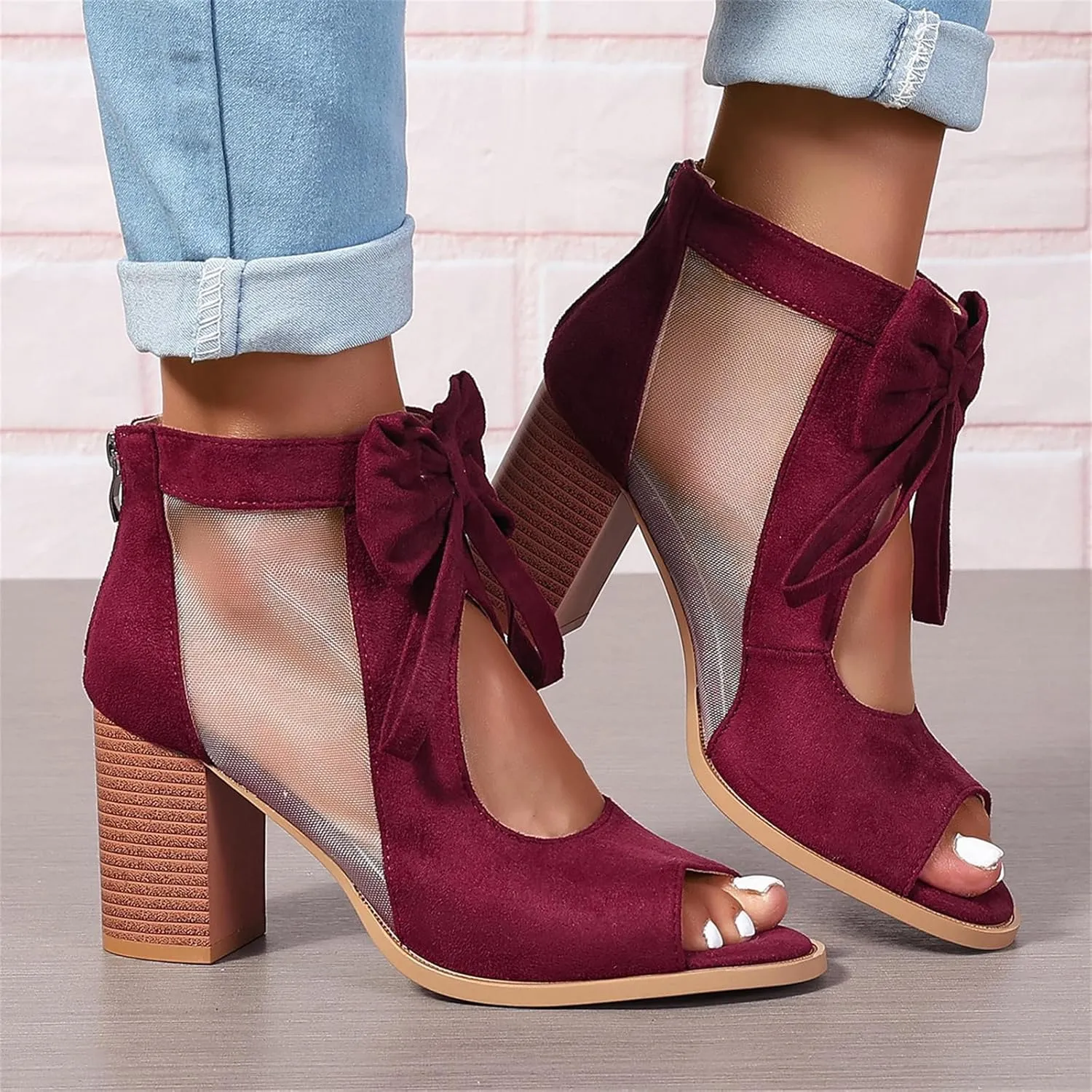 Chunky Heels for Women Dressy Block Heels Booties Cutout Bow Peep Toe Back Zipper Wedge Sandals Dress Party Wedding Pumps Shoes