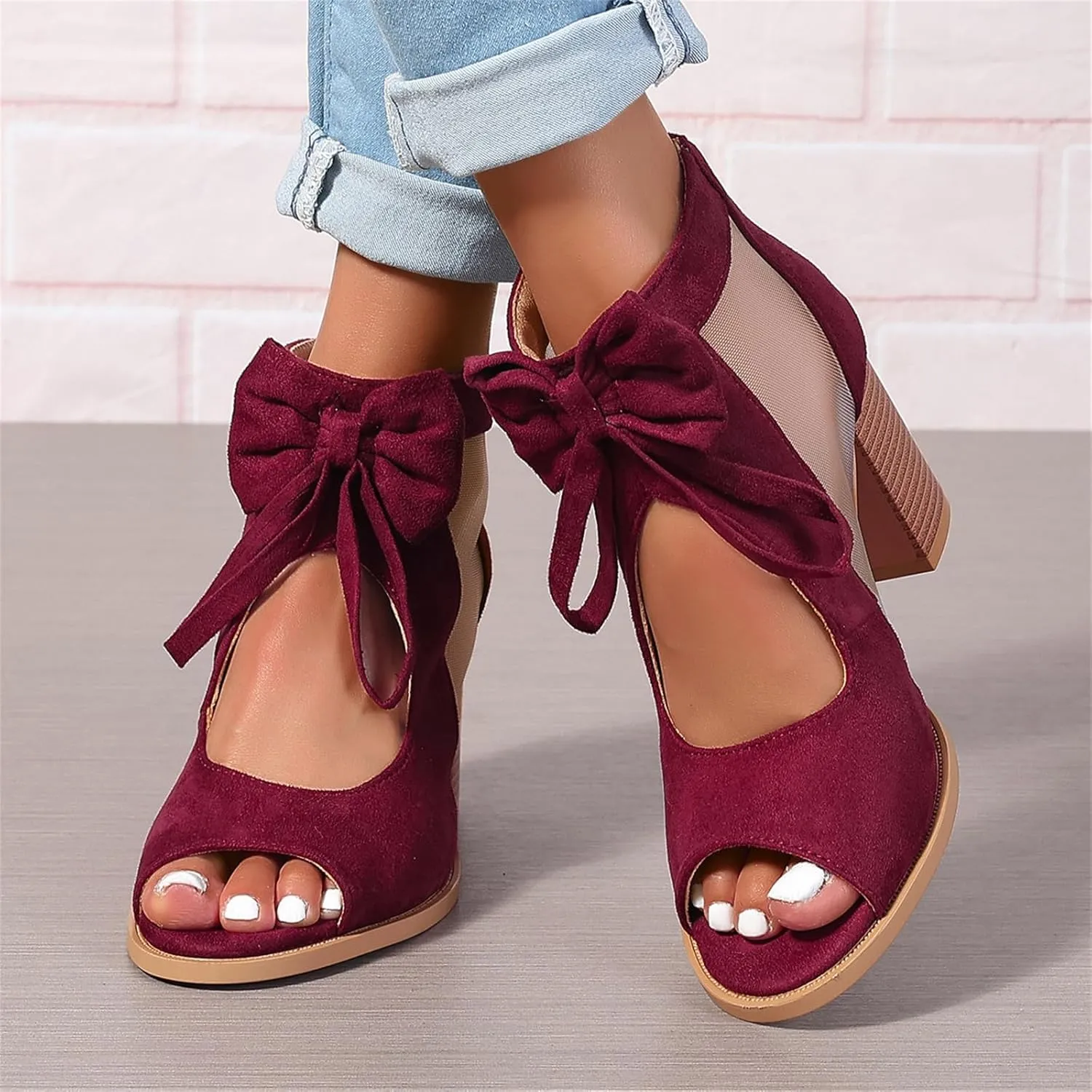 Chunky Heels for Women Dressy Block Heels Booties Cutout Bow Peep Toe Back Zipper Wedge Sandals Dress Party Wedding Pumps Shoes