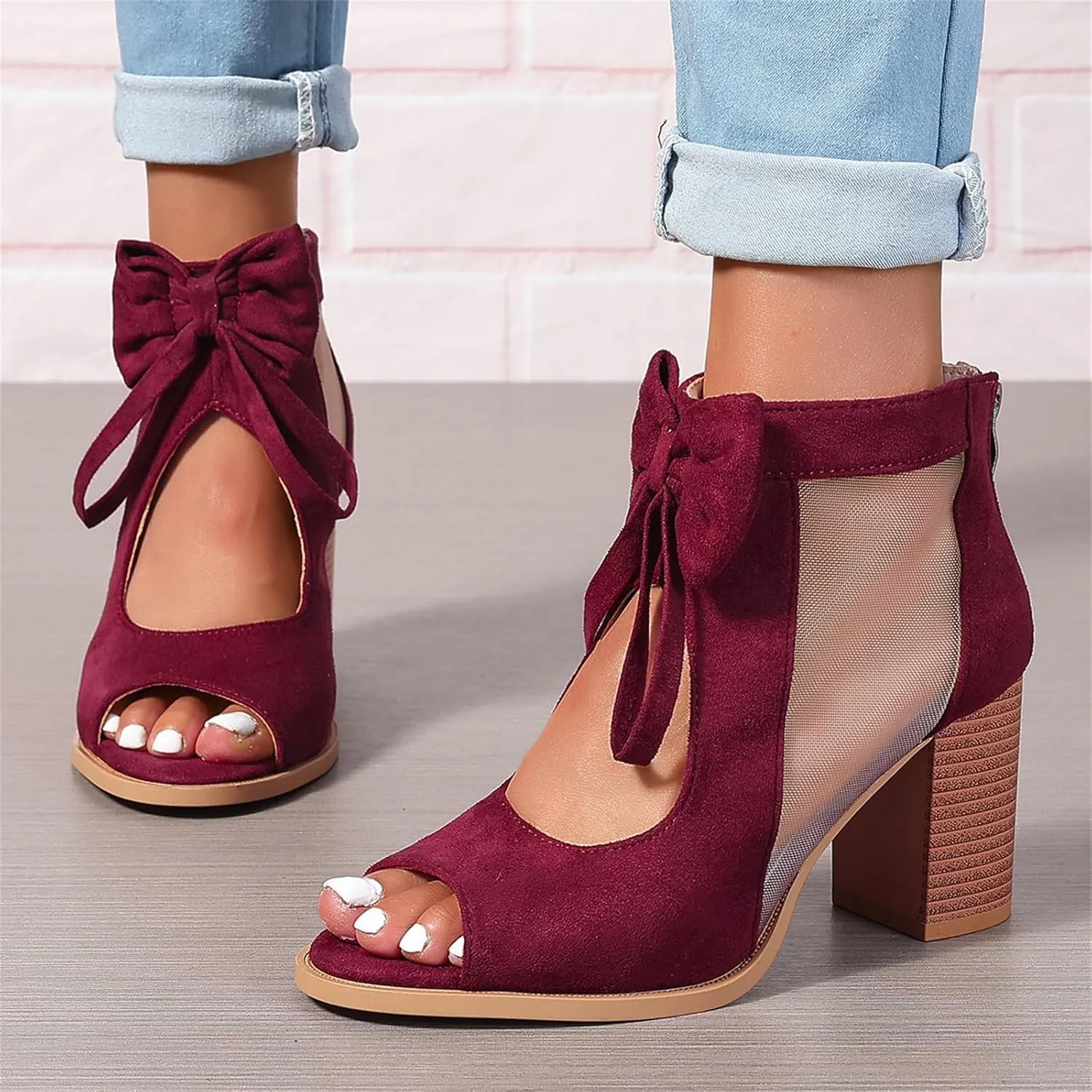 Chunky Heels for Women Dressy Block Heels Booties Cutout Bow Peep Toe Back Zipper Wedge Sandals Dress Party Wedding Pumps Shoes
