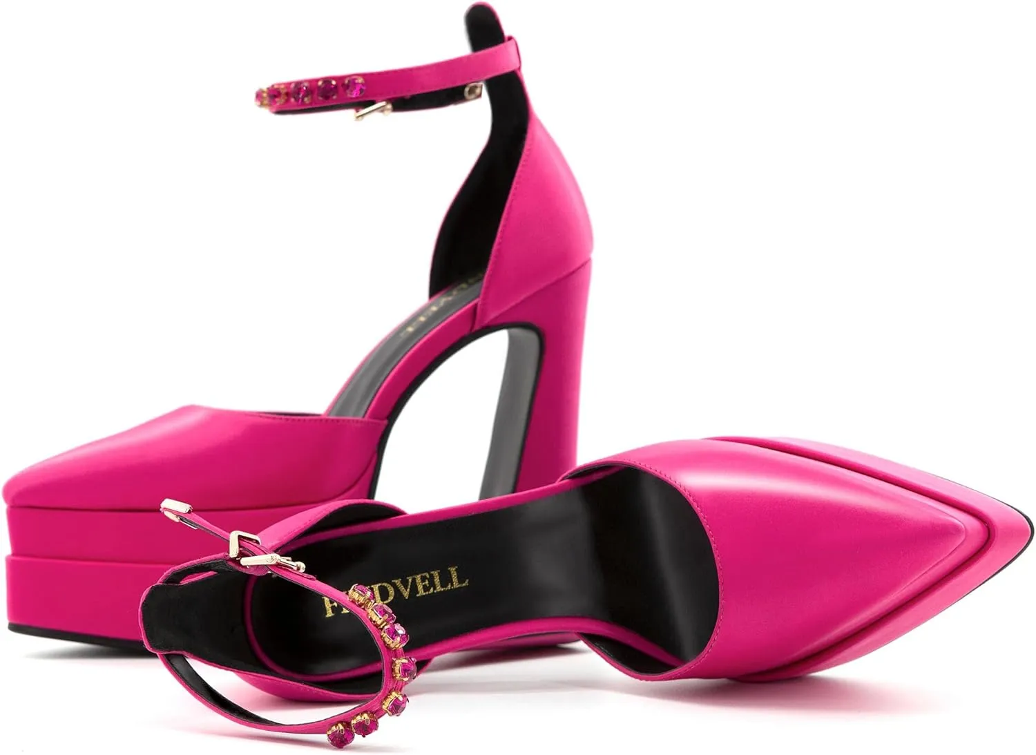 Chunky Platform Heels for Women Pumps Hot Pink Block High Heels Dress Closed Toe Ankle Strap Rhinestone Wedding Shoes Sandals