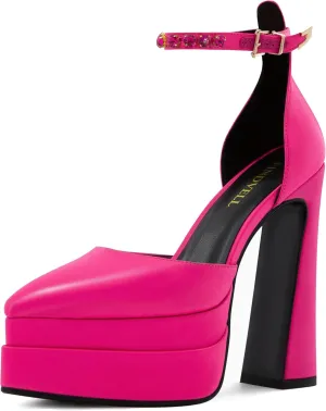 Chunky Platform Heels for Women Pumps Hot Pink Block High Heels Dress Closed Toe Ankle Strap Rhinestone Wedding Shoes Sandals