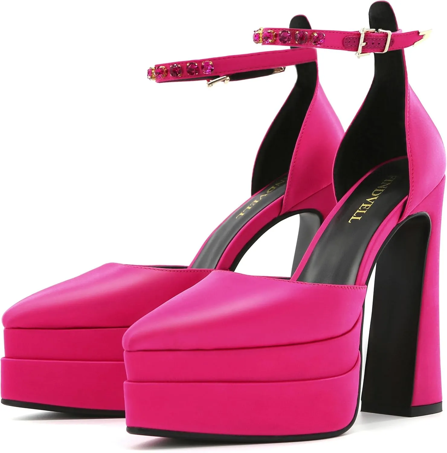 Chunky Platform Heels for Women Pumps Hot Pink Block High Heels Dress Closed Toe Ankle Strap Rhinestone Wedding Shoes Sandals