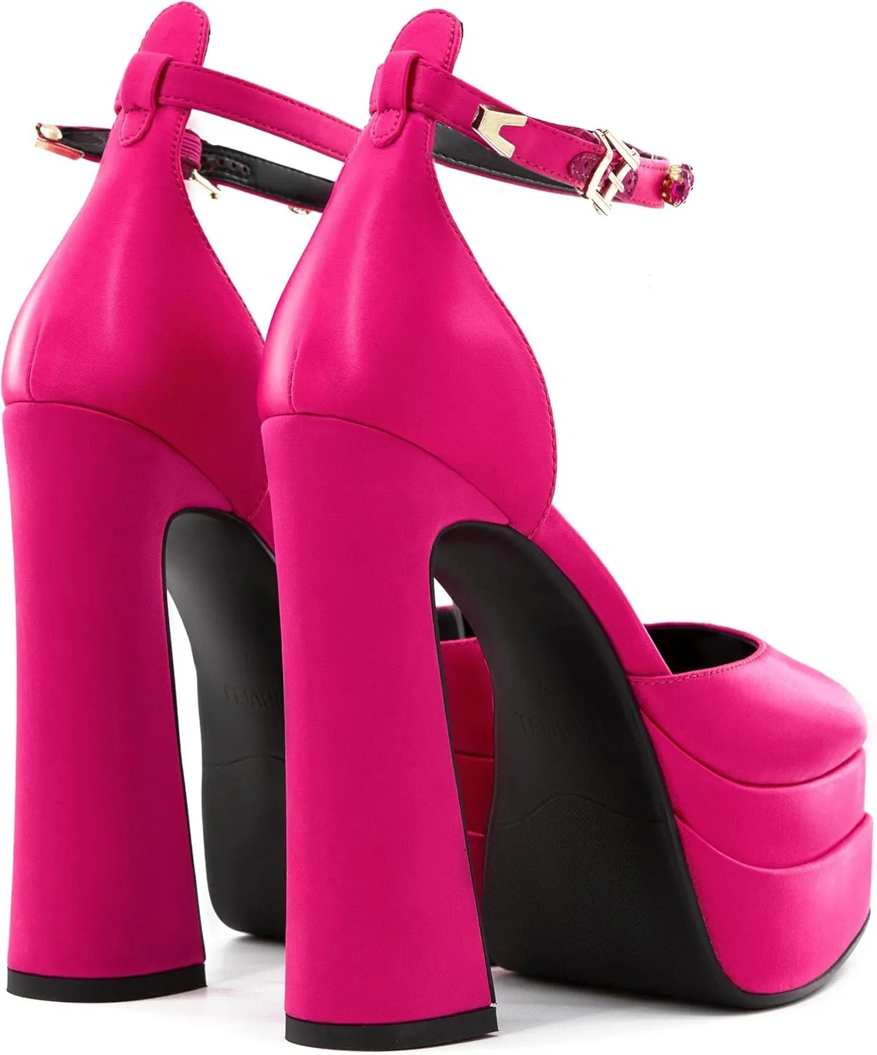 Chunky Platform Heels for Women Pumps Hot Pink Block High Heels Dress Closed Toe Ankle Strap Rhinestone Wedding Shoes Sandals