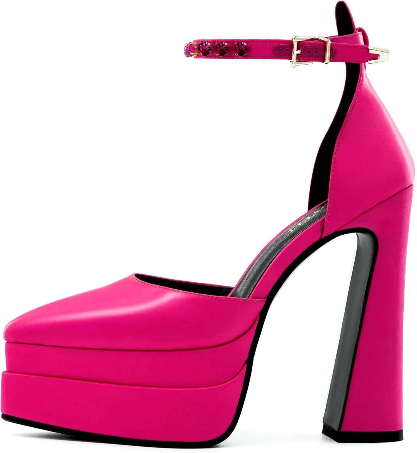 Chunky Platform Heels for Women Pumps Hot Pink Block High Heels Dress Closed Toe Ankle Strap Rhinestone Wedding Shoes Sandals