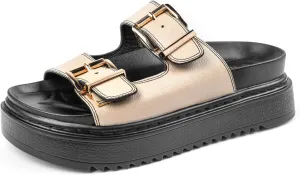Chunky Platform Sandals for Women, Waterproof Non-Slip Rubber Sole, Adjustable Double Buckle, Arch Support Open Toe Slide Sandals, Comfortable Black Wedge Sandals for Women
