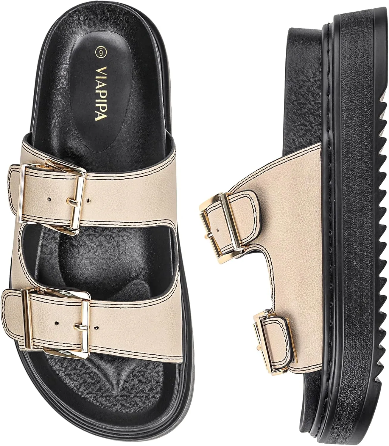 Chunky Platform Sandals for Women, Waterproof Non-Slip Rubber Sole, Adjustable Double Buckle, Arch Support Open Toe Slide Sandals, Comfortable Black Wedge Sandals for Women