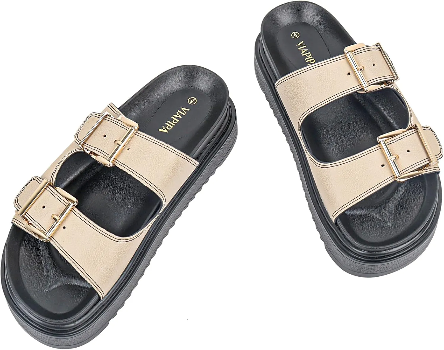 Chunky Platform Sandals for Women, Waterproof Non-Slip Rubber Sole, Adjustable Double Buckle, Arch Support Open Toe Slide Sandals, Comfortable Black Wedge Sandals for Women