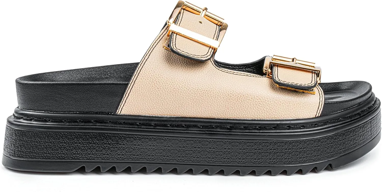Chunky Platform Sandals for Women, Waterproof Non-Slip Rubber Sole, Adjustable Double Buckle, Arch Support Open Toe Slide Sandals, Comfortable Black Wedge Sandals for Women