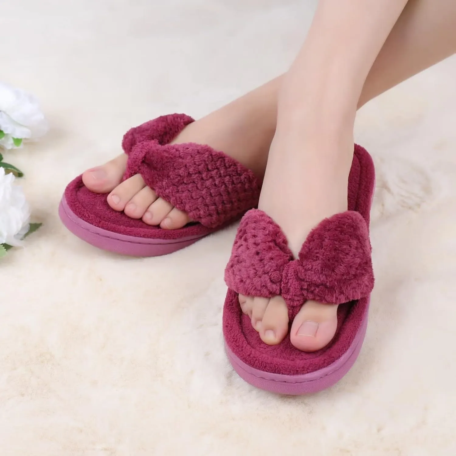 CIOR Women's Cozy Memory Foam Spa Thong Flip Flops House Indoor Slippers Plush Gridding Velvet Lining Clog Style-U1MTW017-0716