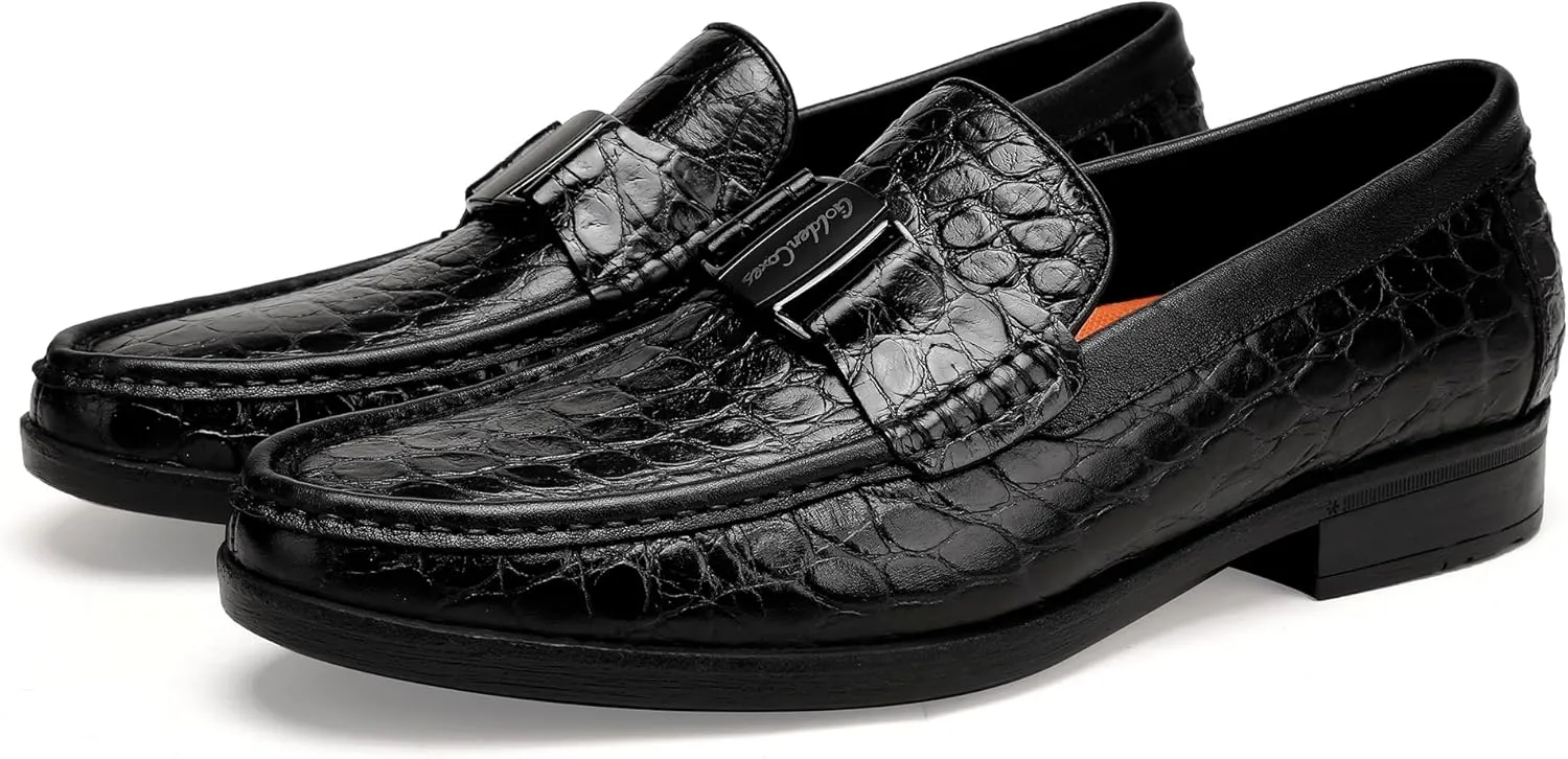 Classic Mens Leather Dress Shoes, Luxury Crocodile Printed Slip on Loafer with Matel Buckle Penny Shoes for Mens