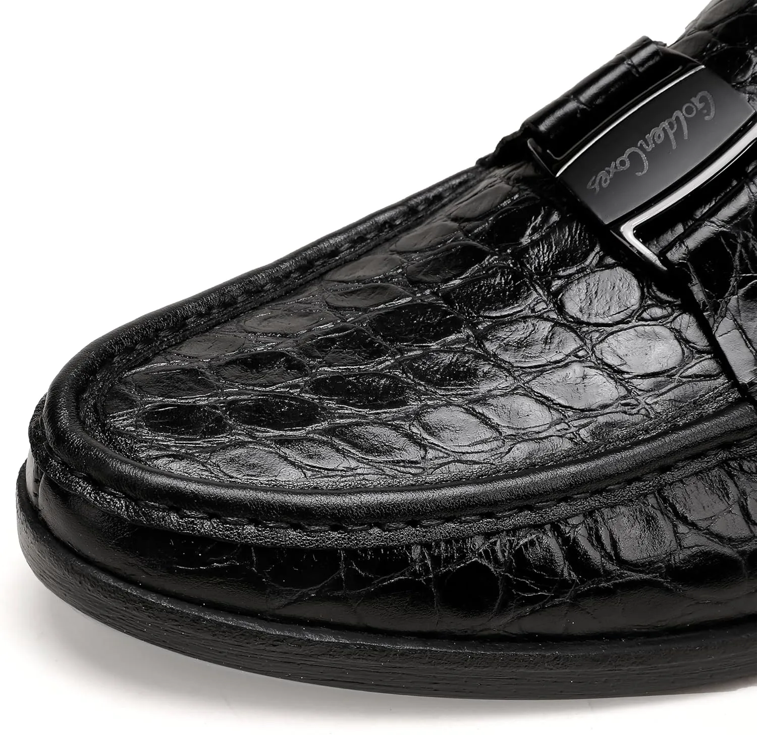 Classic Mens Leather Dress Shoes, Luxury Crocodile Printed Slip on Loafer with Matel Buckle Penny Shoes for Mens