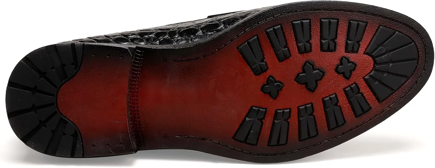 Classic Mens Leather Dress Shoes, Luxury Crocodile Printed Slip on Loafer with Matel Buckle Penny Shoes for Mens