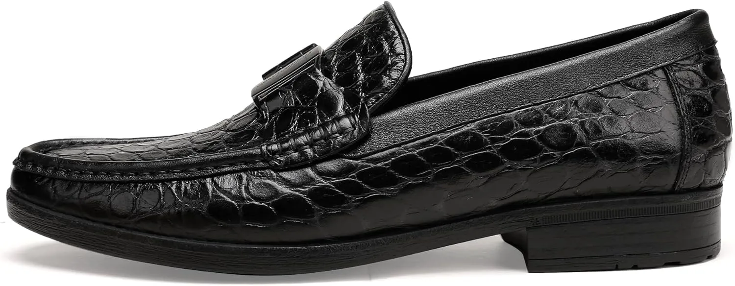 Classic Mens Leather Dress Shoes, Luxury Crocodile Printed Slip on Loafer with Matel Buckle Penny Shoes for Mens